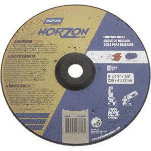 Norton 9" Wheel Diam, 1/8" Wheel Thickness, 7/8" Arbor Hole, Type 27 Depressed Center Wheel Ceramic, 6,600 Max RPM, Compatible with Angle Grinder 66253048896 - 05852389