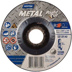 Norton 46 Grit, 4-1/2" Diam x 0.045" Thick x 7/8" Arbor, Type 27 Depressed Center Wheel Medium Grade, Aluminum Oxide 66252843604 - 58391798