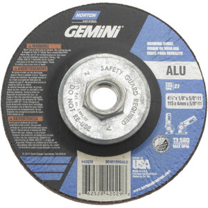 Norton 24 Grit, 4-1/2" Wheel Diam, 1/8" Wheel Thickness, Type 27 Depressed Center Wheel Aluminum Oxide, 13,580 Max RPM 66252842029 - 58392770