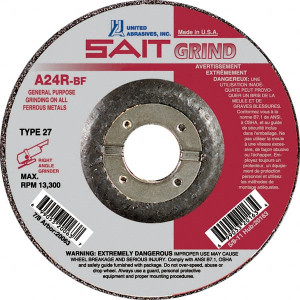 United Abrasives-SAIT 24 Grit, 4" Wheel Diam, 1/4" Wheel Thickness, 5/8" Arbor Hole, Type 27 Depressed Center Wheel Aluminum Oxide, Resinoid Bond, R Hardness, 13,500 Max RPM, Compatible with Angle Grinder 20013 - 89384473