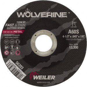 Weiler Abrasives 60 Grit, 4-1/2" Wheel Diam, 7/8" Arbor Hole, Type 27 Depressed Center Wheel Medium Grade, Aluminum Oxide, Resinoid Bond, S Hardness, 13,300 Max RPM 56393 - 52027208