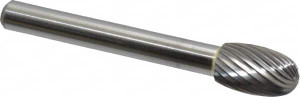 Made in USA 3/8" Cut Diam, 6mm Shank Diam, Carbide Single Cut Oval Burr Radius End, 2-3/8" OAL, 5/8" LOC SE-3MM-SC - 00468355