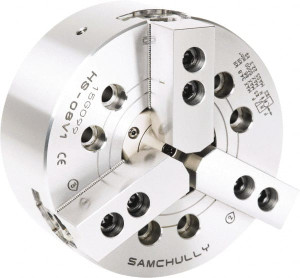 Samchully 3 Jaw, 165mm Chuck Diam, Plain Back Mount, 46mm Through Hole Diam, Drawtube Hydraulic Power Lathe Chuck 1.5mm x 60° Serrated Jaw Interface, 6,000 RPM, Steel Body HS06V1BLANK - 41810029