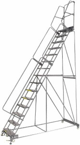 Ballymore 192" High 450 Lb Capacity 15 Step Ladder Lock Step Rolling Safety Ladder, 40" Base Width x 106" Base Depth, 150" Platform Height, Perforated Tread 154014PKF - 06636559