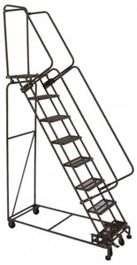 Ballymore 123" High 450 Lb Capacity 9 Step Ladder Lock Step Rolling Safety Ladder, 32" Base Width x 68" Base Depth, 90" Platform Height, Perforated Tread 093214PKF** - 80590771