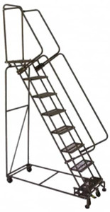 Ballymore 133" High 450 Lb Capacity 10 Step Ladder Lock Step Rolling Safety Ladder, 32" Base Width x 74" Base Depth, 100" Platform Height, Perforated Tread 103214PSU** - 80590813