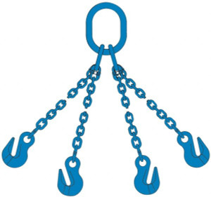Pewag 10 ft. Long, 13,500 Lb Basket Capacity, 13,500 Lb Vertical Capacity, 4 Ply, Alloy Steel Web Sling 4,500 Lb Choker Capacity, QOG Chain Sling, 9/32" Diam Chain, Blue, with 4 Grab Hooks & Master Link 7G120QOG/10 - 74939109