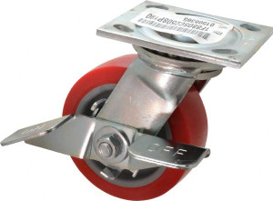 ER Wagner 5" Diam x 2" Wide x 6-1/2" OAH Top Plate Mount Swivel Caster with Brake Polyurethane, 750 Lb Capacity, Roller Bearing, 4 x 4-1/2" Plate 1F8805C2508P190 - 01508365
