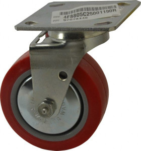 ER Wagner 5" Diam x 2" Wide x 6-1/2" OAH Top Plate Mount Swivel Caster Polyurethane, 650 Lb Capacity, Roller Bearing, 4 x 4-1/2" Plate 4F8805C25001190 - 57078446