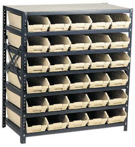 Quantum Storage Systems 2,100 Lb Capacity, 18" Deep x 36" Wide x 39" High, Steel Floor Rack 1 Side, 48 Blue Polyethylene/Polypropylene Bins 1839-103 BL - 48521017