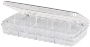 Flambeau 12 Compartment Clear Small Parts Box 6-1/2" Wide x 1" High x 3" Deep, Polystyrene Frame, 1-5/8" Bin Width x 1" Bin Height x 1" Bin Depth DB219 - 89846265
