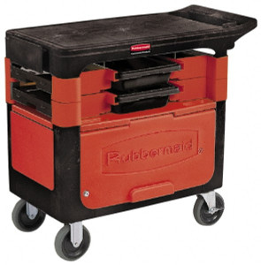 Rubbermaid 350 Lb Capacity, 2 Shelf Trade Cart 19" Wide x 38" Deep x 33-3/8" High, Plastic, Black/Red FG618088BLA - 81746737