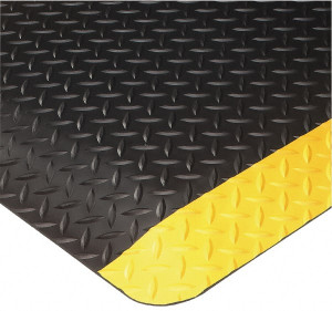 Wearwell 10 ft. Long x 3 ft. Wide x 9/16" Thick Dry Environment Heavy Duty Anti-Fatigue Matting Diamond-Plate Pattern, Black with Yellow Borders, Vinyl Surface with Nitrile Blend Base, Beveled on 4 Sides 415.916X3X10BYL - 74029166