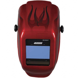 Jackson Safety 2.36" Window Width x 3.93" Window Height, 9 to 13 Shade Auto-Darkening Lens, Fixed Front Welding Helmet Red Flames Design, Thermoplastic Green Lens 46138 - 44652345