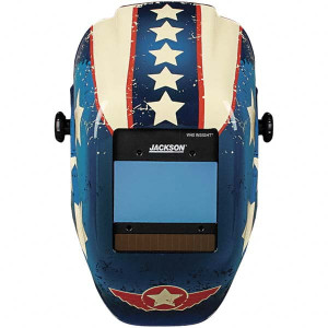 Jackson Safety 2.36" Window Width x 3.94" Window Height, 9 to 13 Shade Auto-Darkening Lens, Fixed Front Welding Helmet with Digital Controls Red/White/Blue Stars & Scars Design, Nylon 46101 - 50328574