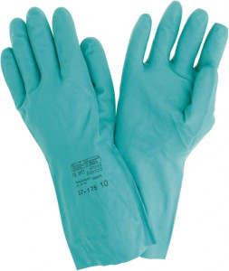 Ansell Size XL (10), 13" Long, 15 mil Thick, Supported, Nitrile Chemical Resistant Gloves Textured Finish, Cotton Lined, Straight Cuff, ANSI Abrasion Level 4, ANSI Cut Level 0, Green, FDA Approved 37-175-10 - 89307276