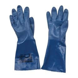 SHOWA Size S (8), 14" Long, 15 mil Thick, Supported, Nitrile Chemical Resistant Gloves Textured Finish, Cotton Interlock Knit Lined, Gauntlet Cuff, ANSI Abrasion Level 6, ANSI Cut Level 2, ANSI Puncture Level 2, Blue NSK24-08 - 02445005