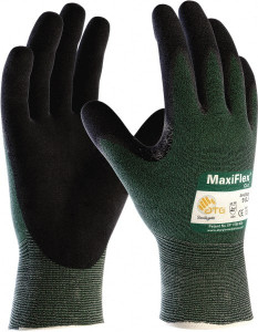 ATG Size S (7), ANSI Cut Lvl A2, Puncture Lvl 1, Abrasion Lvl 4, Micro-Foam Nitrile Coated Nylon/Spandex Cut & Puncture Resistant Gloves Palm Coated, Knit Wrist, Green/Black, Paired 34-8743/S - 57573727