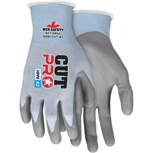 MCR Safety Size XL, ANSI Cut Lvl A2, Polyurethane Coated HPPE Fiber/Stainless Steel Cut Resistant Gloves Palm & Fingers Coated, HPPE/Stainless Steel Blend Lining, Knit Wrist, Blue, Paired 92718PUXL - 31626179