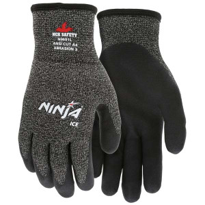 MCR Safety Size M, ANSI Cut Lvl 4, HPT Coated Cut & Puncture Resistant Gloves Palm & Fingers Coated, Acrylic/Terry Lining, Continuous Knit Cuff, Black N9691M - 14220347