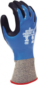 SHOWA Size L (8), ANSI Cut Lvl A4, Abrasion Lvl 4, Foam Nitrile Coated Polyester/Nylon/Stainless Steel/Kevlar Cut Resistant Gloves Fully Coated Coated, Knit Wrist, Black/Blue, Paired S-TEX377L-08 - 31250285