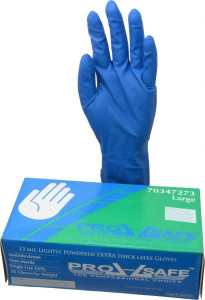 PRO-SAFE Size L, 13 mil, Industrial Grade, Powdered Latex Disposable Gloves 12" Long, Blue, Textured 62-327PS/L - 70347273