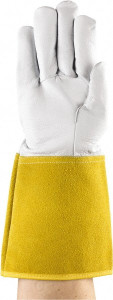 Ansell Size L (10) Goatskin/Cowhide Welding Glove Use for TIG Welding, Gauntlet Cuff, Straight Thumb, 13-3/4" OAL, Gray/Yellow, Paired 43-217-10 - 32643272