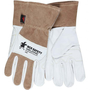 MCR Safety Size XL Cowhide Welding Glove Use for General Welding, Slip-On Cuff, Wing Thumb, White/Brown, Paired 4890XL - 98975972