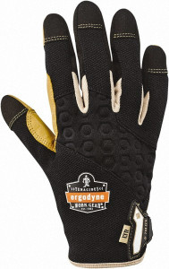 Ergodyne Size L (9) Leather Work Gloves For Mechanics & Lifting, Uncoated, Hook & Loop Cuff, Full Fingered, Black/Tan, Paired 17144 - 07018344