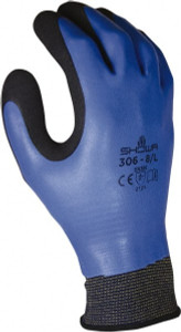 SHOWA Size M (7-8) Latex Coated Nylon Blend Work Gloves For General Purpose, Palm & Back Coated, Knit Wrist Cuff, Full Fingered, Black/Blue, Paired 306M-07 - 56858186