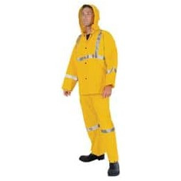 MCR Safety Size 4XL Yellow Rain Three Piece Suit 65" Chest, PVC & Polyester, Detachable Hood, Snap Closure, Welded Seams, Take Up Snaps at Wrists & Ankles, Bib Pants, Snap Fly 2403RX4 - 02482230