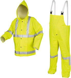 MCR Safety Size L Hi-Viz Lime High Visibility Three Piece Suit PVC & Polyester, Detachable Hood, Snap Closure, Welded Seams, Take Up Snaps at Wrists & Ankles, Bib Pants, Button Fly 2083SRL - 72921752
