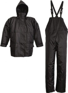 Viking Outerwear Size 2XL Black Rain Three Piece Suit 150D Ripstop Polyester with PVC Coating, Detachable Hood, Hook & Loop Closure, Double Stitched & Taped Seams, Hook & Loop Wrists & Ankles, Bib Overalls, Hook & Loop Fly 2900BK-XXL - 42388595