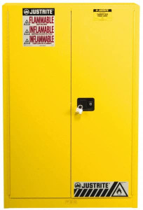 Justrite 2 Door, 5 Shelf, Yellow Steel Standard Safety Cabinet for Flammable and Combustible Liquids 65" High x 43" Wide x 18" Deep, Manual Closing Door, 3 Point Key Lock, 60 Gal Capacity 894510 - 66562414