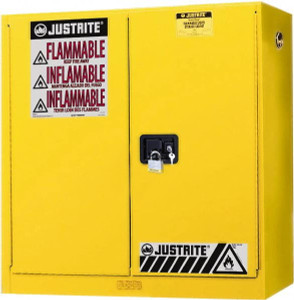 Justrite 2 Door, 3 Shelf, Yellow Steel Wall Mount Safety Cabinet for Flammable and Combustible Liquids 44" High x 43" Wide x 12" Deep, Manual Closing Door, 20 Gal Capacity 893400 - 70431978
