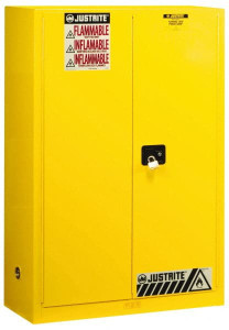 Justrite 2 Door, 2 Shelf, Yellow Steel Standard Safety Cabinet for Flammable and Combustible Liquids 65" High x 43" Wide x 18" Deep, Manual Closing Door, 3 Point Key Lock, 45 Gal Capacity 894500 - 72993173