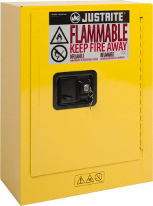 Justrite 1 Door, 1 Shelf, Yellow Steel Space Saver Safety Cabinet for Flammable and Combustible Liquids 22" High x 17" Wide x 8" Deep, Manual Closing Door, 2 Gal Capacity 890200 - 77387603