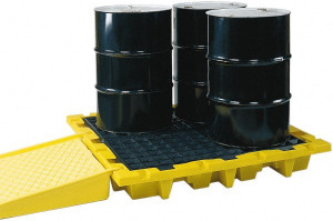 Eagle Manufacturing 66 Gal Sump, 6,000 Lb Capacity, 4 Drum, Polyethylene Spill Deck or Pallet 58-1/2" Long x 58-1/2" Wide x 13.43" High, Yellow, Liftable Fork, Drain Included, Low Profile, Vertical, 2 x 2 Drum Configuration 1646 - 93558732