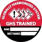 AccuformNMC Pack of 25 Globally Harmonized System GHS Trained - Name  Date Trained, Hard Hat Labels Round, Black & White on Red, 0.004" Thick, Indoor or Outdoor, Adhesive Backed, For Accident Prevention HH144R - 37663960