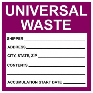 AccuformNMC Pack of 25 Universal Labels Legend: Universal Waste - Shipper Address City, State, Zip Contents Accumulation Start Date, English, 6 x 6", Purple, Black, Self-Laminated Vinyl HW30SL25 - 56106008