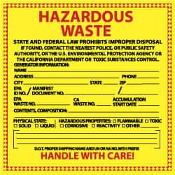 AccuformNMC Hazardous Materials Label Legend: Hazardous Waste - State and Federal Law Prohibits Improper Disposal, English, 6 x 6", Red, Black, Yellow, Pressure Sensitive Paper HW16 - 63376958