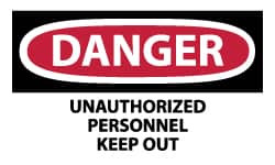 AccuformNMC 5 Qty 1 Pack Security & Admittance Label, Header: DANGER Legend: Danger - Unauthorized Personnel - Keep Out, English, 5 x 3", Red, Black, White, Pressure Sensitive Vinyl D143AP - 72318843