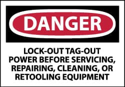 AccuformNMC 5 Qty 1 Pack Accident Prevention Label, Header: DANGER Legend: Danger - Lock Out, Tag-out Power Before Servicing, Repairing, Cleaning, or Retooling Equipment, English, 5 x 3", Red, Black, White, Pressure Sensitive Vinyl D303AP - 75258343