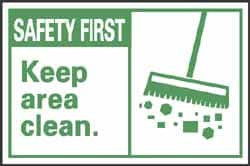 AccuformNMC 5 Qty 1 Pack Accident Prevention Label, Header: SAFETY FIRST Legend: Safety First - Keep Area Clean, Graphic: Broom, English, 5 x 3", Green, White, Pressure Sensitive Vinyl SGA2AP - 75355677