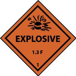 AccuformNMC Accident Prevention Label Legend: Explosive 1.3F, Graphic: Explosive, English, 4 x 4", Black, Orange, Pressure Sensitive Vinyl DL96ALV - 79617387