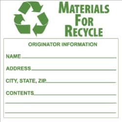 AccuformNMC Hazardous Materials Label Legend: Materials for Recycle - Originator Information - Name, Address, City, State, Zip, Contents, Graphic: Recycle Symbol, English, 6 x 6", Green, White, Pressure Sensitive Vinyl HW34ALV - 79617759