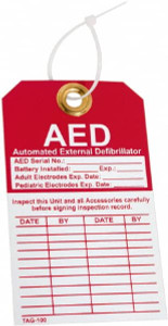Defibtech 3-1/4" High x 5-5/8" Long, AED Automated External Defibrillator, English Safety & Facility Inspection Tag Tag Header: AED, 1 Side, Red & White Cardstock DAC-801 - 52941572