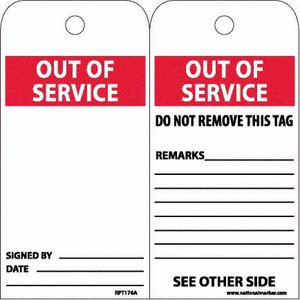 AccuformNMC Pack of (25) 6" High x 3" Long, OUT OF SERVICE, English Safety & Facility Accident Prevention Tags 2 Sides, White Unrippable Vinyl RPT176A - 39734629