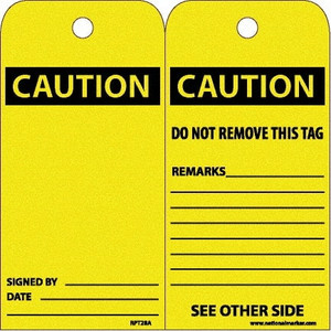AccuformNMC Pack of (25) 6" High x 3" Long, CAUTION, English Safety & Facility Accident Prevention Tags Tag Header: CAUTION, 2 Sides, White Unrippable Vinyl RPT28A - 39734926