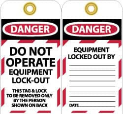 AccuformNMC 25 Qty 1 Pack 3" High x 6" Long, DANGER - DO NOT OPERATE - EQUIPMENT LOCK-OUT - THIS TAG & LOCK TO BE REMOVED ONLY BY THE PERSON SHOWN ON BACK, English Safety & Facility Lockout Tag Tag Header: Danger, 2 Sides, Vinyl LOTAG11-25 - 56238165